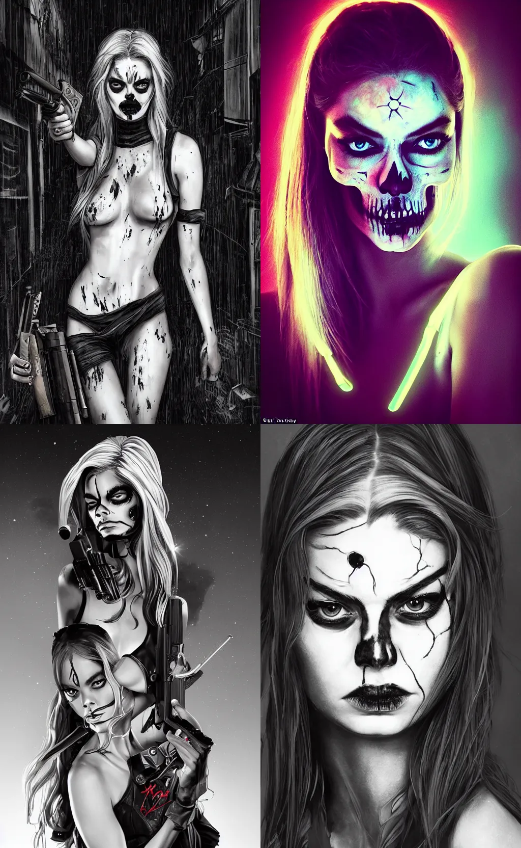 Image similar to in the style of artgerm, Samara Weaving with skull paint on her face, holding a shotgun, standing in a dark alley, night, neon