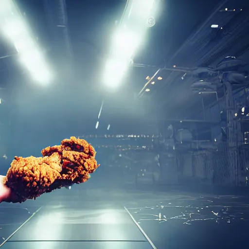 Image similar to fried chicken shooting with rockets, sci fi epic digital art, volumetric lighting, intricate detail, smooth, foggy, bokeh, futuristic