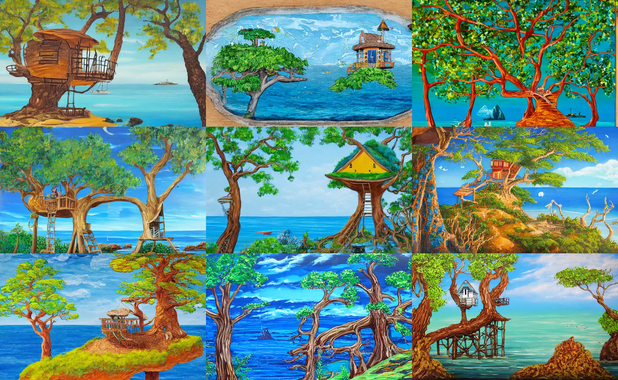 Prompt: enamel painting of a mystical island treehouse on the ocean