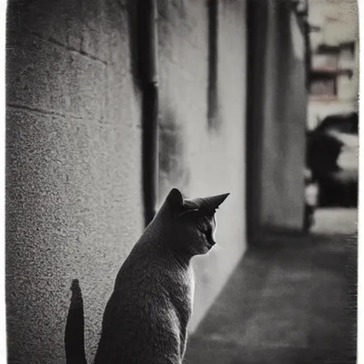 Image similar to medium of a sharp shadow!! of a cat!! only cat shadow at the wall in the street, colours, polaroid photo