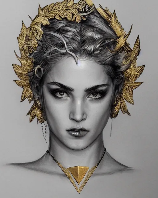 Image similar to front view of beautiful aphrodite greek goddess wearing a gold laurel wreath and triangle earrings, realism tattoo sketch, beautiful piercing eyes with sharp pupils, beautiful blonde hair, in the style of greg rutkowski, fantasy, amazing detail, epic, elegant, smooth, sharp focus