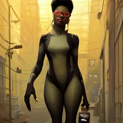 Prompt: highly detailed an african american woman in with the black panter random suit from the future gta v, stephen bliss, unreal engine, fantasy art by greg rutkowski, loish, rhads, ferdinand knab, makoto shinkai and lois van baarle, ilya kuvshinov, rossdraws, tom bagshaw, global illumination, radiant light, detailed and intricate environment