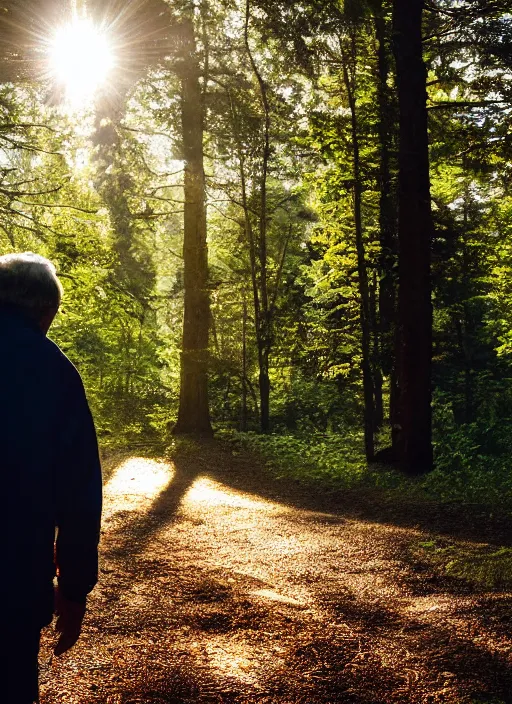 Image similar to a 3 5 mm photo from the back of a senior citizen walking in the woods, splash art, movie still, bokeh, canon 5 0 mm, cinematic lighting, dramatic, film, photography, golden hour, depth of field, award - winning, anamorphic lens flare, 8 k, hyper detailed, 3 5 mm film grain