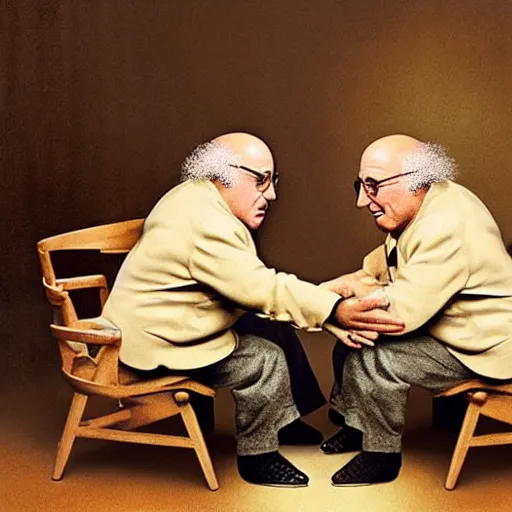 Image similar to danny devito and larry david fighting over a chair shaped like an egg, renaissance still life painting, masterpiece, realistic light and shadow