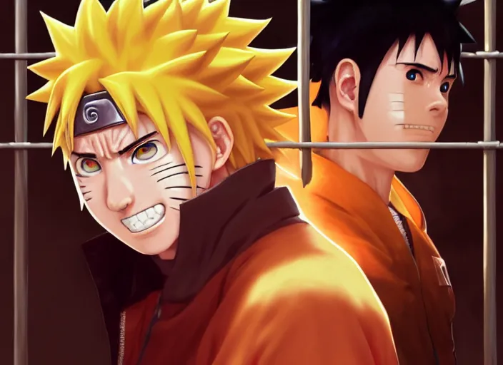 Image similar to highly detailed portrait of naruto uzumaki with black hair punching a wal behind bars in prison, unreal engine, fantasy art by greg rutkowski, loish, rhads, ferdinand knab, makoto shinkai and lois van baarle, ilya kuvshinov, rossdraws, tom bagshaw, global illumination, radiant light, detailed and intricate environment