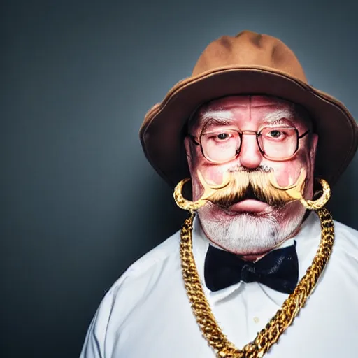 Prompt: dslr portrait photo still of!!! wilfred brimley!!! white mustache as a gangsta rapper with gold chains and gold teeth grills growling at camera, 8 k, 8 5 mm f 1. 8