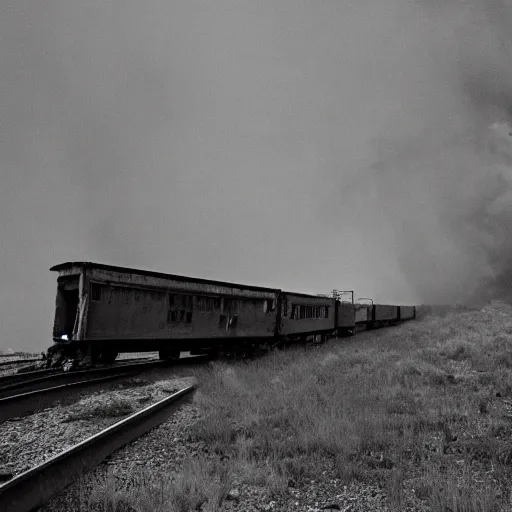 Image similar to Old boxcar train on the railroad, fire in the background, atmospheric and depressed, post-apocalyptic, Cinematic, film still from a horror movie