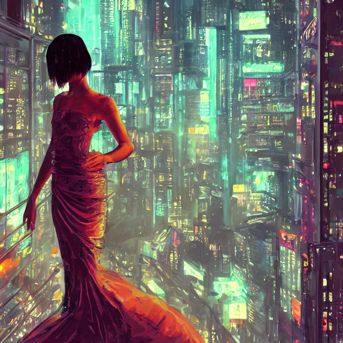Prompt: zoomed in picture of a dancing girl wearing a gown, short hair, bed room, cyberpunk city view out of the window, no lights in bedroom, bright neon lights from the city, elegant, highly detailed, artstation, soft lights, night, fog, sharp focus, drawn by ayami kojima