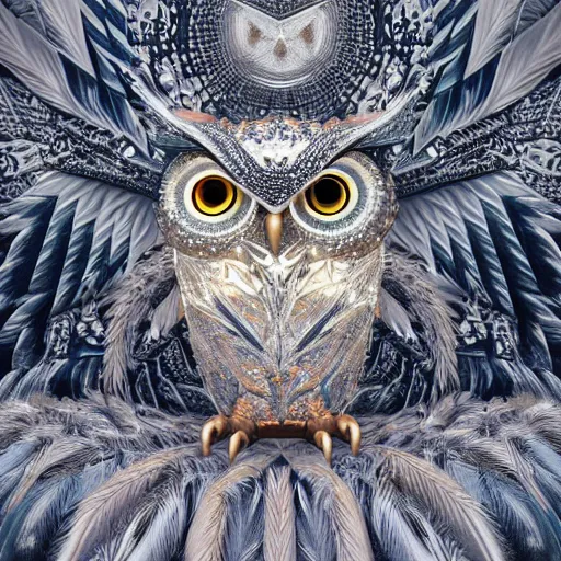 Image similar to detailed portrait of a magical lights owl, wearing a diamond crown, glowing feathers, halfway through, hyper detailed, stylistic, symmetrical, 3 d render, 8 k, octane render