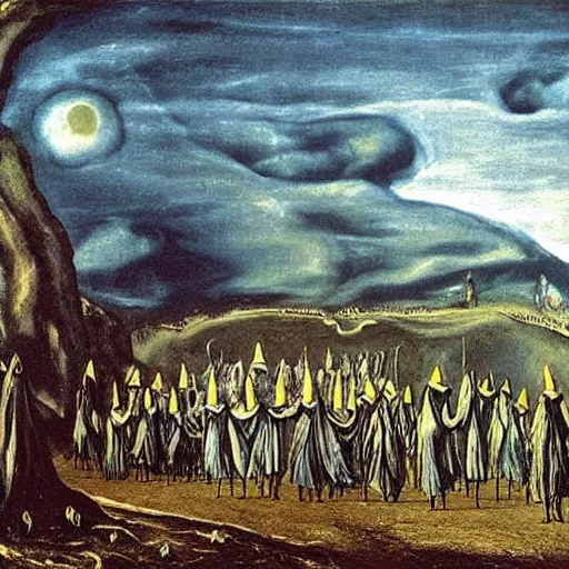 Image similar to A Holy Week procession of grim reapers in a lush Spanish landscape at night. A hooded figure at the front holds a cross. El Greco, Remedios Varo, Salvador Dali, Carl Gustav Carus, John Atkinson Grimshaw. Blue tint.