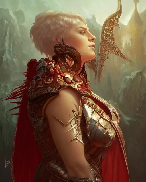 Image similar to Portrait of a Fantasy crimson knight, moonlit, HD, illustration, epic, D&D, fantasy, intricate, elegant, highly detailed, digital painting, artstation, concept art, smooth, sharp focus, illustration, art by artgerm and greg rutkowski and alphonse mucha, monster hunter illustrations art book