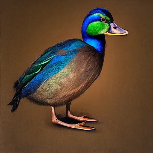 Image similar to hyperrealistic mixed media high resolution painting of a mallard with proportional human extremities, stunning 3d render inspired art by István Sándorfi and Greg Rutkowski, perfect symmetry, dim volumetric lighting, 8k octane beautifully detailed render, post-processing, extremely hyper-detailed, intricate, epic composition, highly detailed attributes, highly detailed atmosphere, cinematic lighting, masterpiece, trending on artstation, very very detailed, masterpiece, stunning, flawless structure, lifelike texture, perfection,