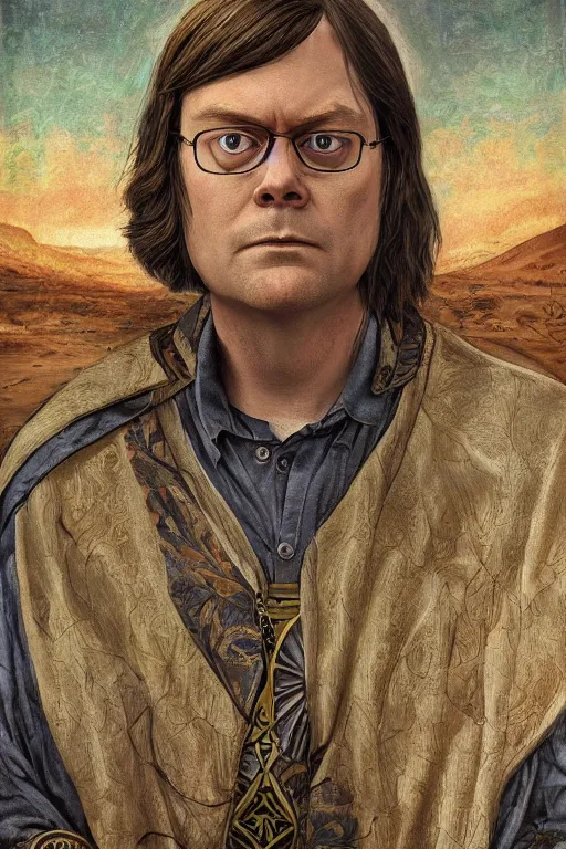 Prompt: beautiful tarot card of Dwight Schrute, oil on canvas, intricate, symmetrical, portrait, 8k highly professionally detailed, HDR, CGsociety