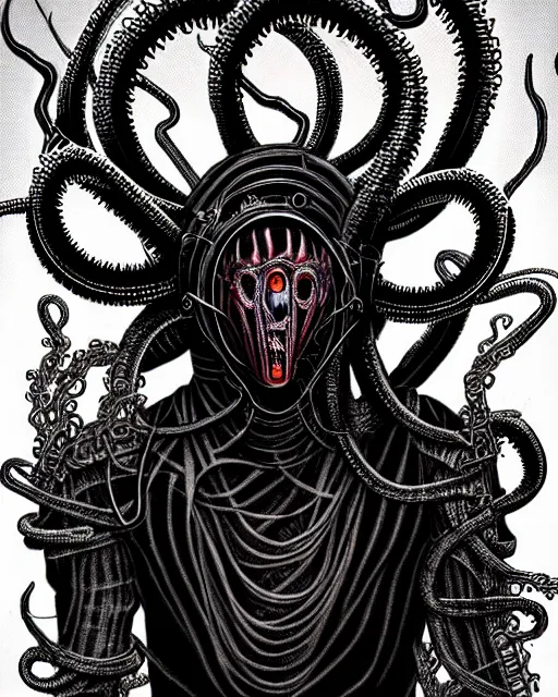 Image similar to dark scary atomospheric detailed outsider cyberpunk demon with scaly tentacles from the netherealm wearing a gas mask by hr giger and alex grey