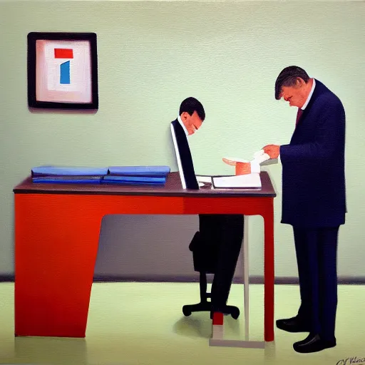 Image similar to viktor orban doing his taxes in a cubicle, oil painting