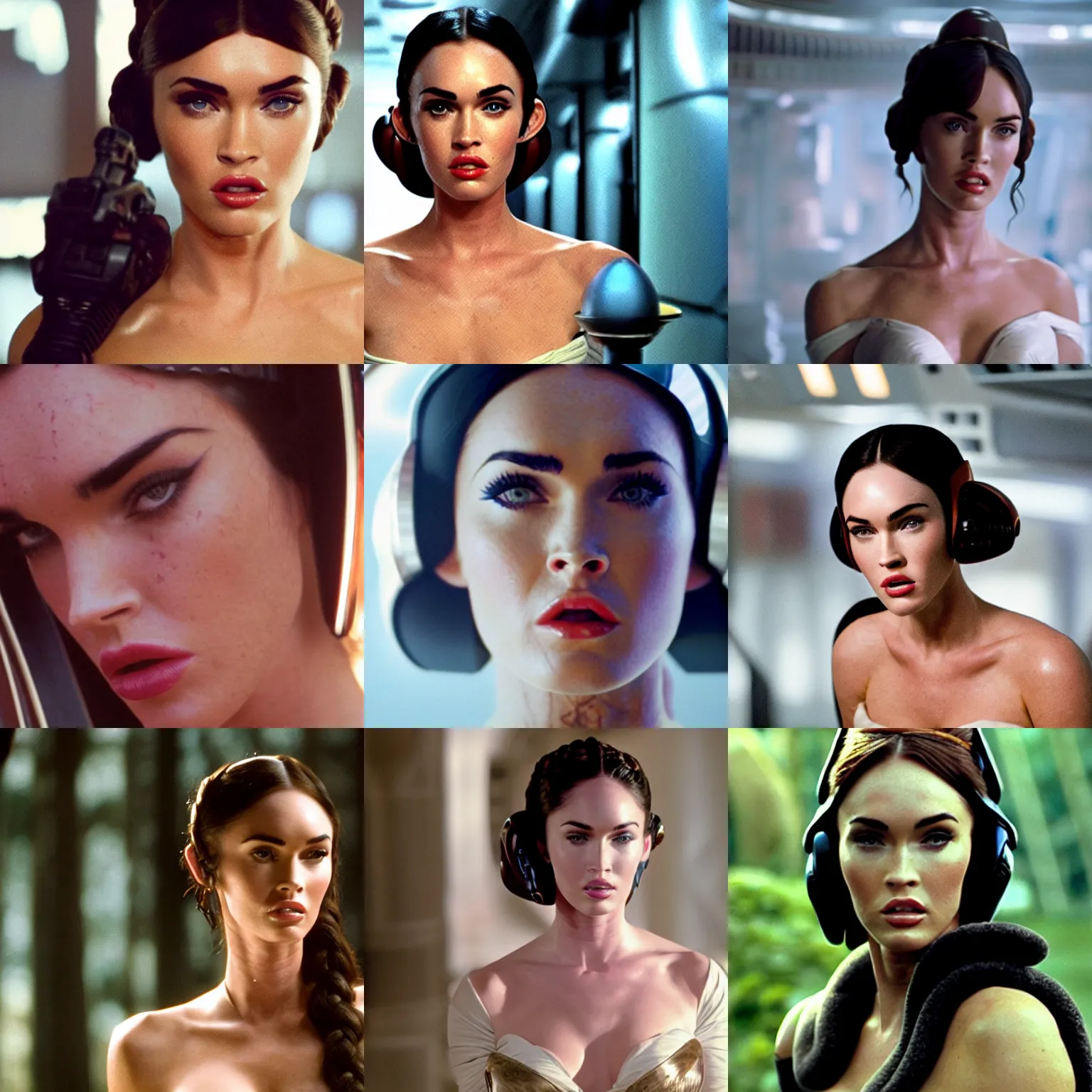 Prompt: megan fox as princess leia, movie still, cinematic, extreme detail, facial features, sharp focus, 8 k 3 5 mm coloured film, close up, anamorphic lens, lighting