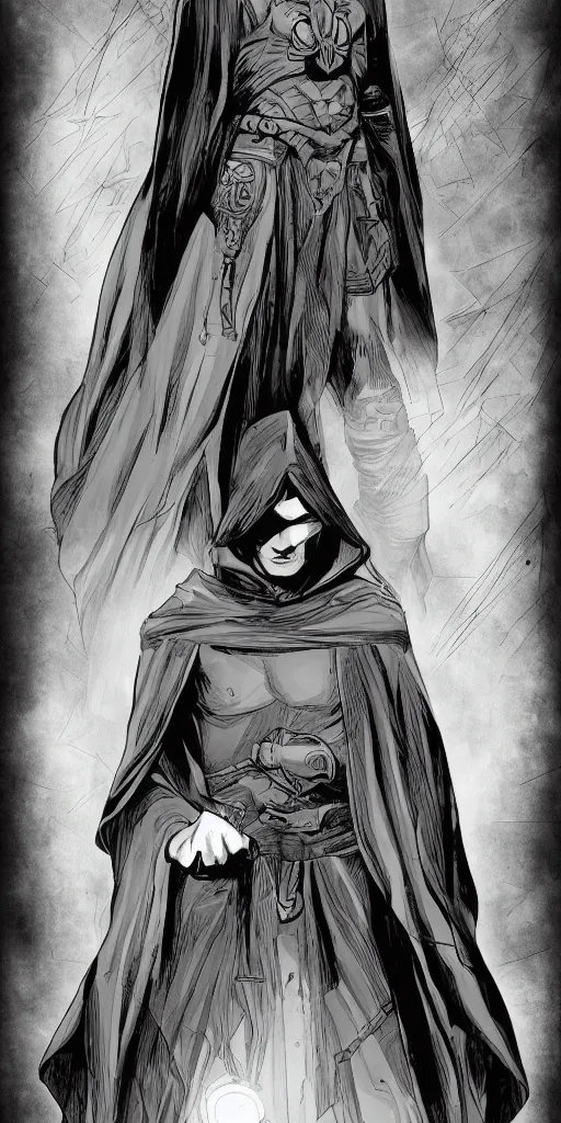 Prompt: A comic book cover page of a cloaked mage, digital art, comic book, detailed, greyscale