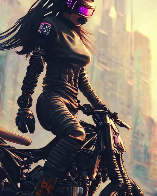 Image similar to cool girl wearing cyberpunk intricate streetwear riding dirt bike, beautiful, detailed portrait, cell shaded, 4 k, concept art, by wlop, ilya kuvshinov, artgerm, krenz cushart, greg rutkowski, pixiv. cinematic dramatic atmosphere, sharp focus, volumetric lighting, cinematic lighting, studio quality