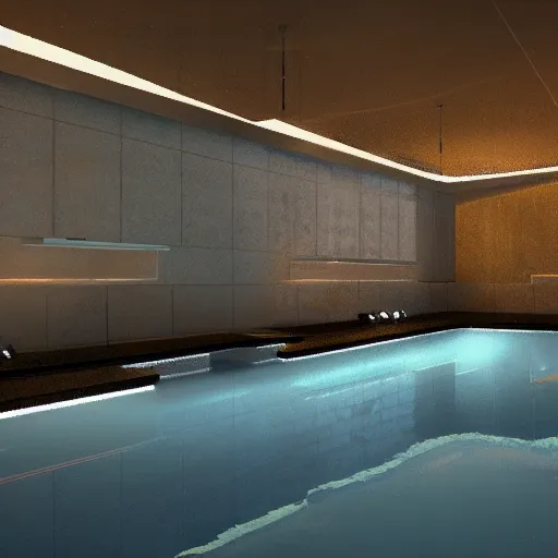 poolrooms, modern indoor pool, grey tiling, liminal, Stable Diffusion