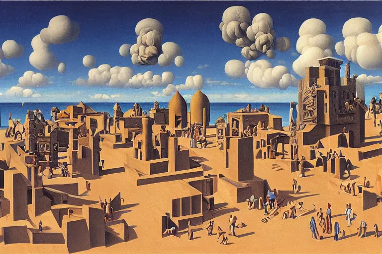 Prompt: escher sand building with a small crowd outside on a tropical island, fluffy clouds, blue sky by magritte and de chirico, surreal oil painting, hyper detailed, masterpiece 4 k