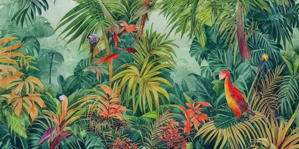 Image similar to watercolour of a tropical scenery of a jungle with multicoloured birds and plants. detailed. beautiful. stunning. high art. h 7 6 8