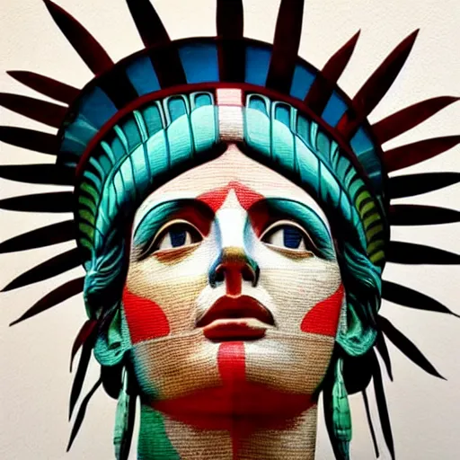 Prompt: a beautiful statue of liberty sculpture designed by Sandra Chevrier, american indian headdress, American stars and stripes on face, by Annie Leibovitz