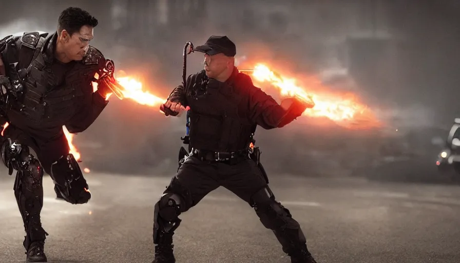 Image similar to big budget action movie about demonic cyborg fighting a policeman