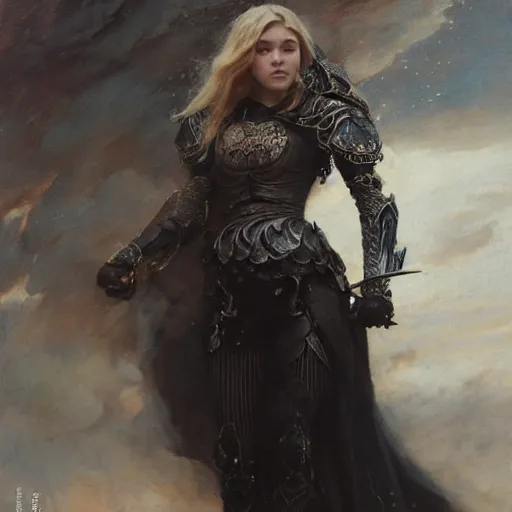 Image similar to blonde florence pugh, wearing dark black ornamented medieval armour, detailed, by gaston bussiere, bayard wu, greg rutkowski, giger, maxim verehin, greg rutkowski, masterpiece, sharp focus,