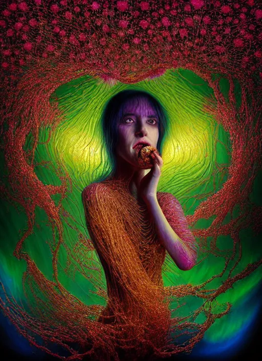 Prompt: hyper detailed 3d render like a Oil painting - Aurora (Singer) Eats of the Strangling network of lomochrome Fruit and Her delicate Hands hold of gossamer polyp blossoms bring iridescent fungal flowers whose spores black the foolish stars by Jacek Yerka, Mariusz Lewandowski, Houdini algorithmic generative render, Abstract brush strokes, Masterpiece, Edward Hopper and James Gilleard, Zdzislaw Beksinski, Mark Ryden, Wolfgang Lettl, hints of Yayoi Kasuma, octane render, 8k