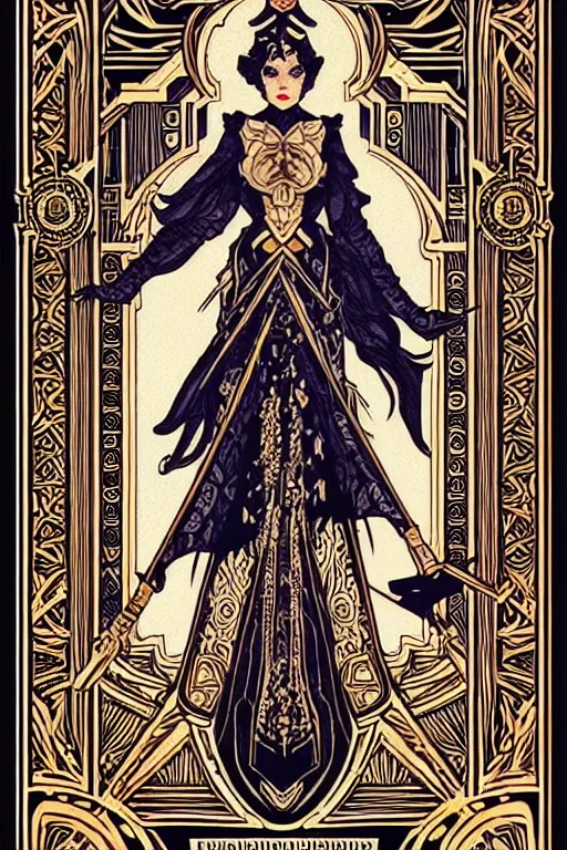 Image similar to concept art design illustration, vertical symmetric tarot card intricate filigree borders!!, 1 6 colors, logo, ink drawing, art by jc leyendecker and sachin teng