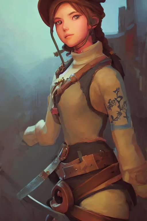 Image similar to a portrait of a cute female medieval peasant, rustic setting, overwatch art team, action pose, vivid colors, soft lighting, atmospheric, cinematic, moody, splash art in the style of ilya kuvshinov and range murata, oil on canvas, 8 k