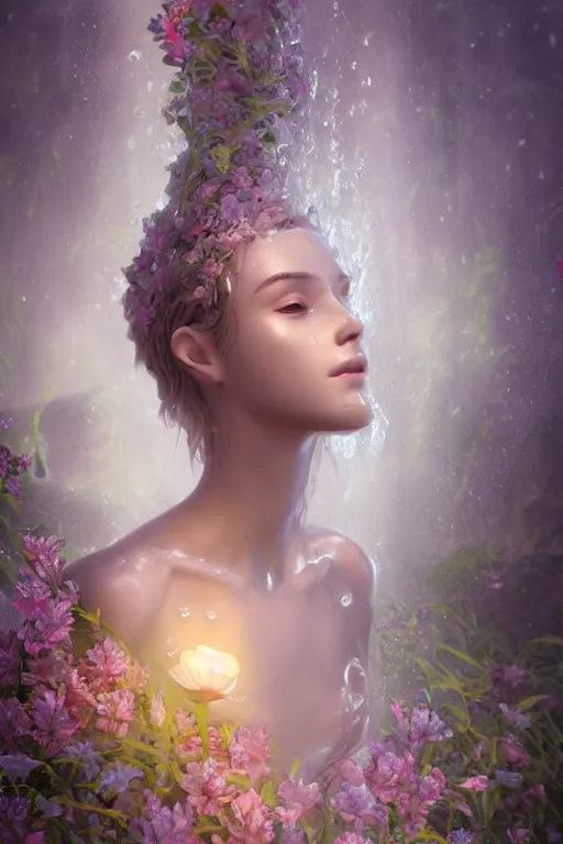 Image similar to ultra realistic 3 d render of a gorgeous goddess made of water and blooming flowers rising out of the water dripping by charlie bowater and farid ghanbari, beautiful, bioluminescent, ethereal, waterfall, intricate, elegant, full body,