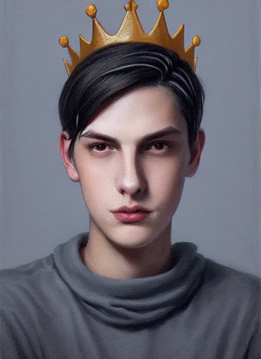 Image similar to portrait of teenage jughead jones wearing a light grey crown, photorealistic, crown, eyes closed, crown, black hair, intricate, elegant, glowing lights, highly detailed, digital painting, artstation, concept art, smooth, sharp focus, illustration, art by wlop, mars ravelo and greg rutkowski