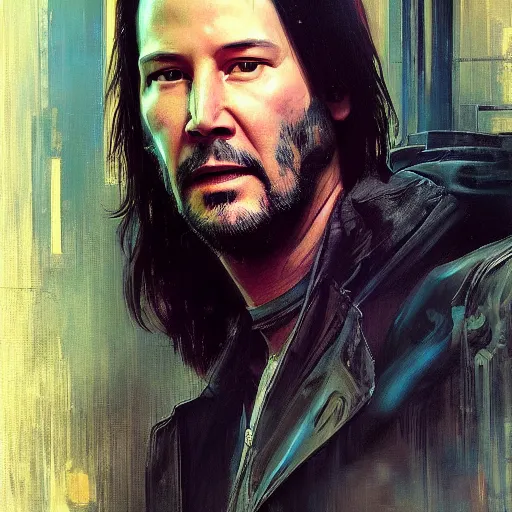 Image similar to keanu reeves, hyperrealistic portrait, bladerunner street, art of elysium by jeremy mann and alphonse mucha, fantasy art, photo realistic, dynamic lighting, artstation, poster, volumetric lighting, very detailed face, 4 k, award winning