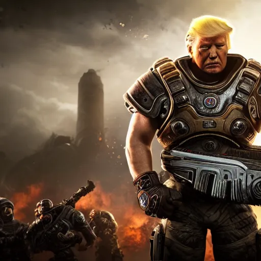 Image similar to Photo portrait of Donald Trump as Spartan in Gears of War, splash art, movie still, detailed face, photorealistic facial features, cinematic lighting, dramatic, octane render, long lens, shallow depth of field, bokeh, anamorphic lens flare, 8k, hyper detailed, 35mm film grain