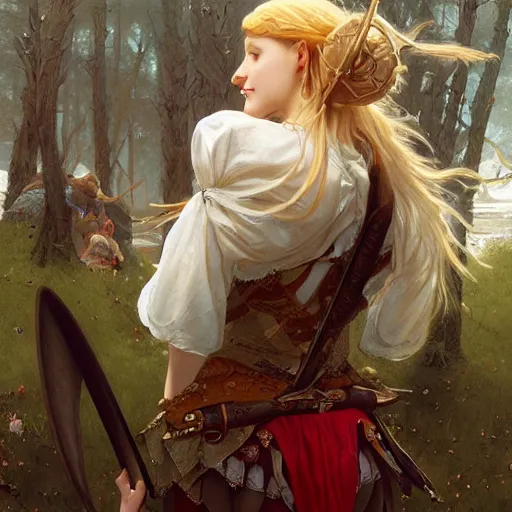 Image similar to elf fairy, bard, lute, art student, cardigan, blonde, highly detailed, intricate, digital painting, artstation, sharp focus, illustration, art by jakub rozalski, greg rutkowski, artgerm, tan zi and ayanamikodon and alphonse mucha and wlop