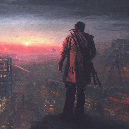 Image similar to wanderer with night vision goggles, dramatic light, sunset, cyberpunk city in the background, gorgeous view, depth, painted by Caspar David Friedrich, clouds, tending on artstation