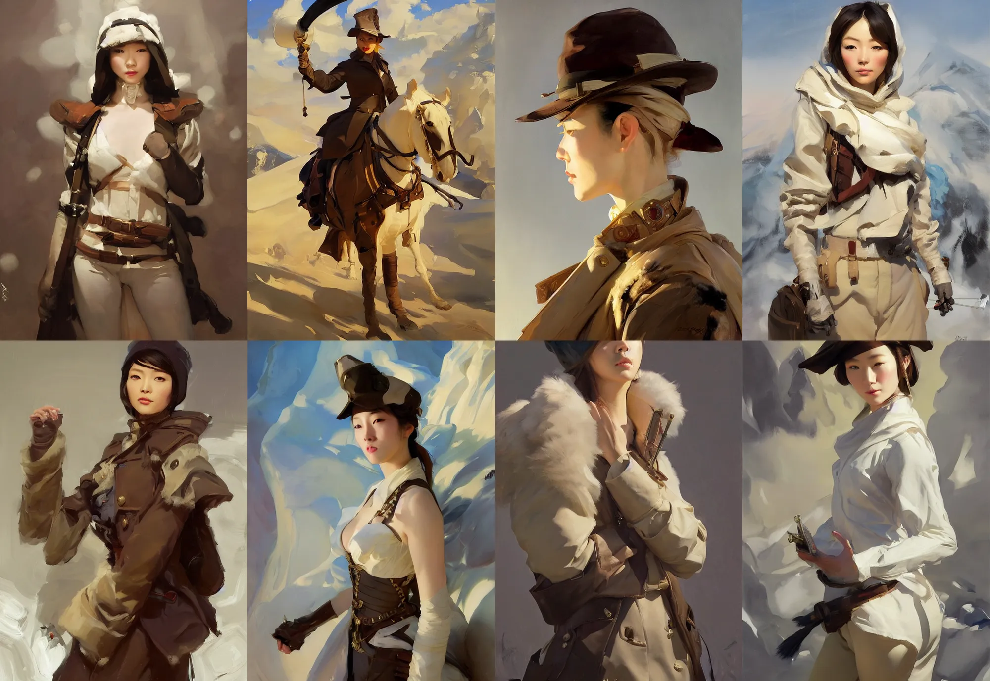 Prompt: portrait of russian japanese model girl jodhpurs hyperborea winter traveler treasure hunter greg manchess painting by sargent and leyendecker, fantasy, medium shot, asymmetrical, intricate, elegant, matte painting, illustration, hearthstone, by rhads, by greg rutkowski, by greg tocchini, by james gilleard, by joe fenton