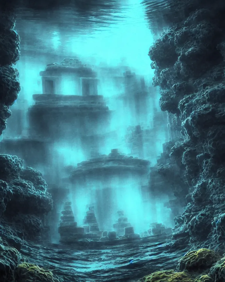 Prompt: full color, wide shot, submerged pre - incan temple, dark, underwater, symmetrical, bubbles, abyss, grenada underwater sculpture park, anime style mixed with fujifilm, detailed gouache paintings, stylized, dark, murky, foggy, atmospheric, artstation, cgsociety, octane render, cgi, unreal engine 5, denoise, cinematic masterpiece