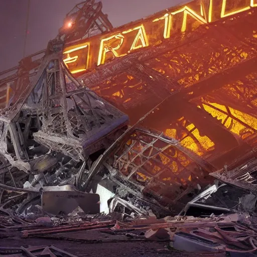 Image similar to A beautiful intricate 8K award-winning ground-level cinematic movie photograph of the future rusting rubble of the fallen and decimated Eiffel Tower, lying in pieces on the ground, surrounded by neon and collapsing corporate video billboard displays. in the year 2050, by Bruno Delbonnel and greg rutkowski. octane render, Arri Alexa 65. Cinematic lighting