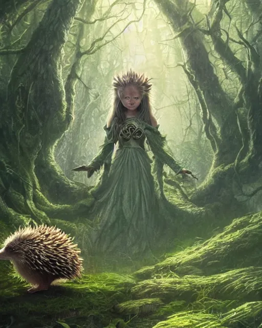 Prompt: Hedgehog druid, gaia, nature, fairy, forest background, magic the gathering artwork, D&D, fantasy, cinematic lighting, centered, symmetrical, highly detailed, digital painting, artstation, concept art, smooth, sharp focus, illustration, volumetric lighting, epic Composition, 8k, art by Akihiko Yoshida and Greg Rutkowski and Craig Mullins, oil painting, cgsociety