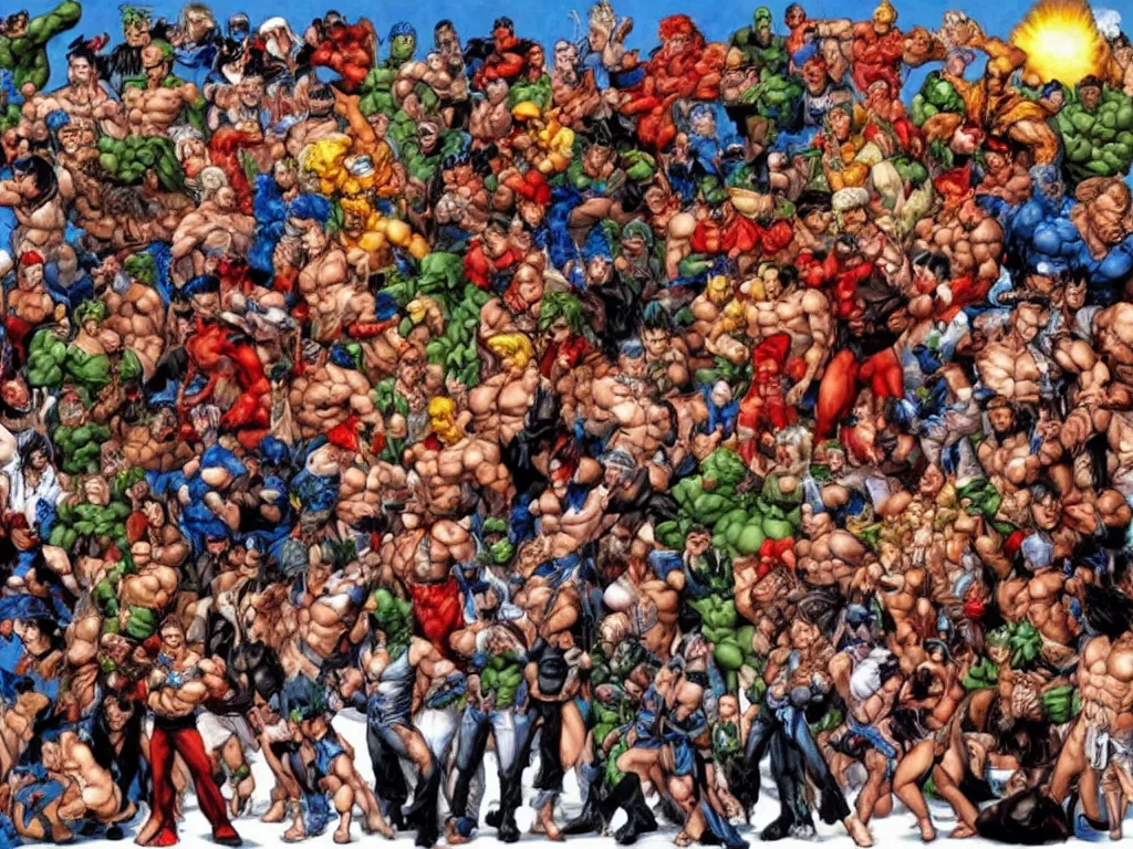 Prompt: all characters from Street Fighters by Simon Bisley