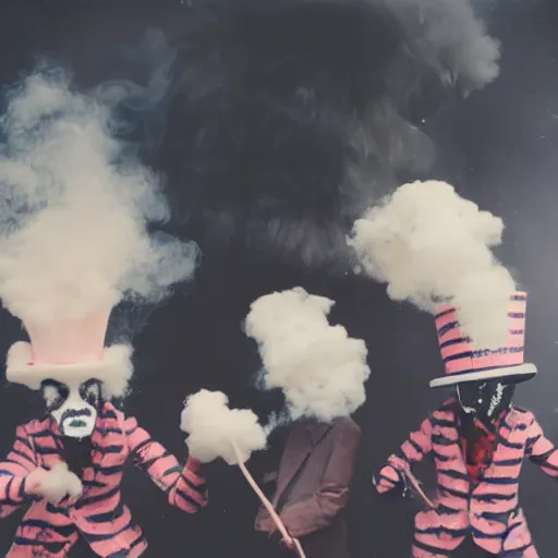 Image similar to polaroid of figures made from cotton candy, smoke and sticks, wearing top hats and huge masks