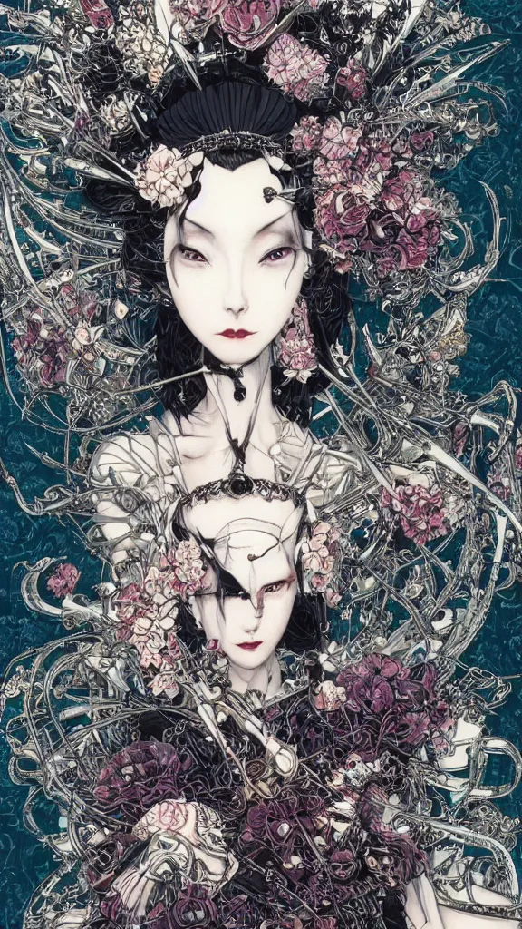 Image similar to cyberpunk fashion a beautiful black haired woman with pale skin and a crown on her head sitted on an intricate metal throne skin wrapped in flowers and wired, vintage style, by yoichi hatakenaka, masamune shirow, josan gonzales and dan mumford, ayami kojima, takato yamamoto, barclay shaw, karol bak, yukito kishiro