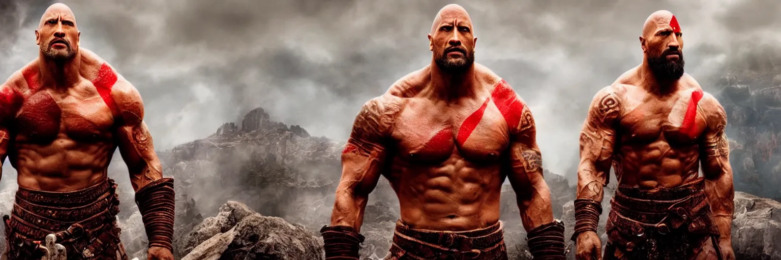 Image similar to Dwayne Johnson as God of war,red and blue smokes around him, professional photography, cinematic view