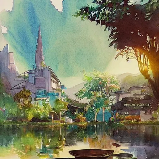 Image similar to Beautiful happy picturesque charming sci-fi town in harmony with nature. Beautiful light. Water and plants. Nice colour scheme, soft warm colour. Beautiful detailed artsy watercolor by Vincent. (2022)