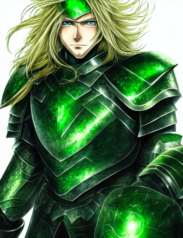 Image similar to a detailed manga portrait of a long haired blonde man with blue eyes in green armour glowing with green energy, trending on artstation, digital art, 4 k resolution, detailed, high quality, sharp focus, hq artwork, coherent, insane detail, character portrait