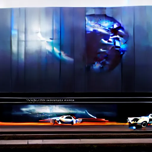 Image similar to sci-fi wall structure logotype and car on the coronation of napoleon and digital billboard in the middle in dark atmosphere by Ruan Jia Sheng Lam