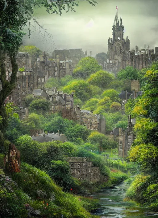 Image similar to a beautiful digital graphics design portrait of Edinburgh city. Edinburgh overgrown with plants, caledonian forest, matte painting, fantasy art, highly detailed