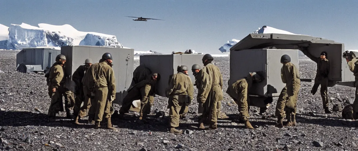 Image similar to establishing wide shot color movie like 3 5 mm photograph of middle aged caucasian us soldierss unloading dark grey metal rectangular crate from a black military 1 9 8 2 helicopter at a top secret military base in antarctica